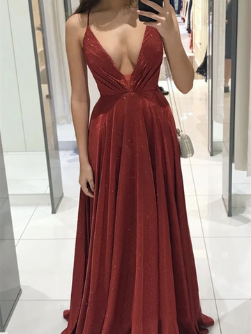 Shiny A Line V Neck Burgundy Long Prom Dresses, A Line V Neck Champagne Long Formal Evening Dresses