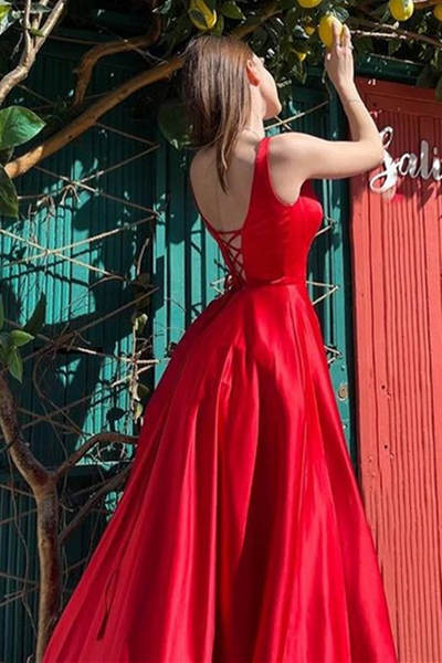 Simple Red Satin  Long Prom Dresses With High Slit, Long Red Formal Evening Dresses