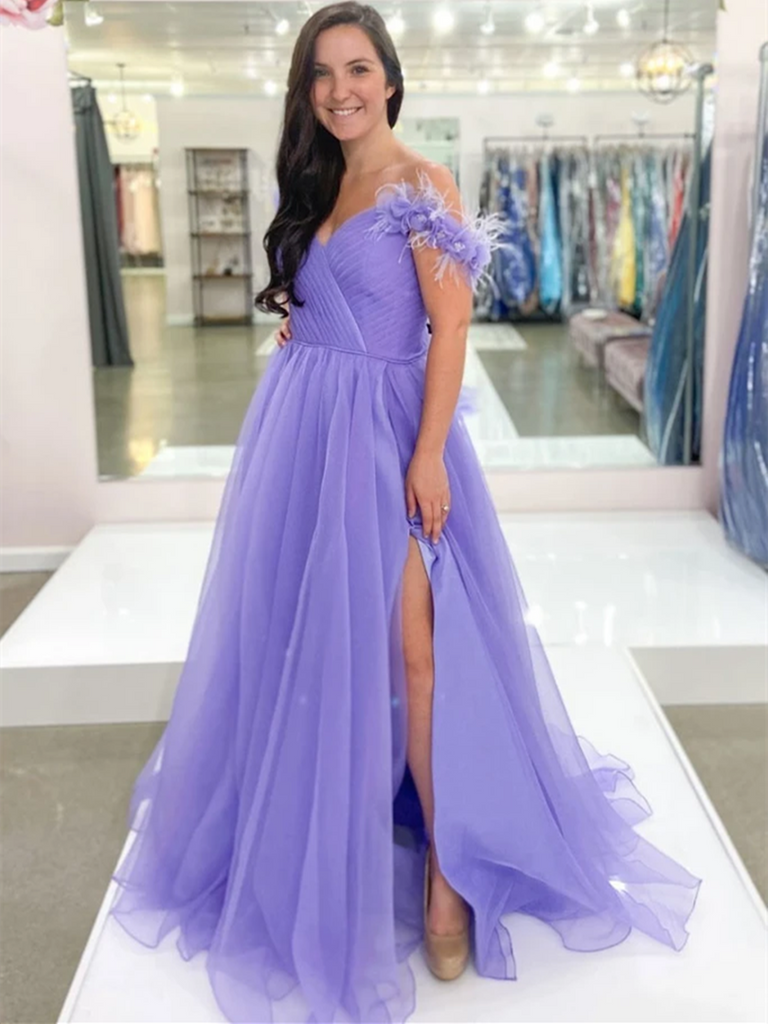 A Line Off Shoulder Tulle Purple Long Prom Dresses, Purple Off The Shoulder Tulle Long Formal Evening Dresses