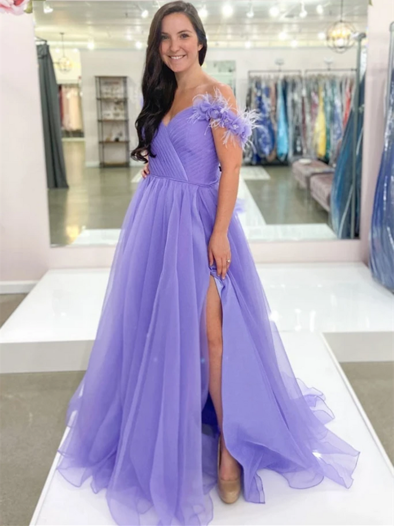 A Line Off Shoulder Tulle Purple Long Prom Dresses, Purple Off The Sho morievent A Line Off Shoulder Tulle Purple Long Prom Dresses, Purple Off The Sho morievent