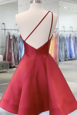 One Shoulder Red Satin Short Backless Prom Dresses, Red Short Applique Homecoming Dresses