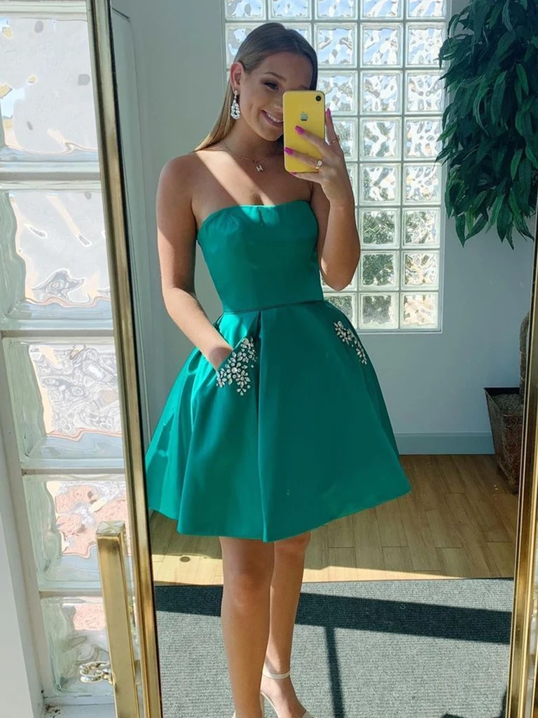 Strapless Open Back Green Short Prom Dresses with Pockets, Strapless O morievent Strapless Open Back Green Short Prom Dresses with Pockets, Strapless O morievent