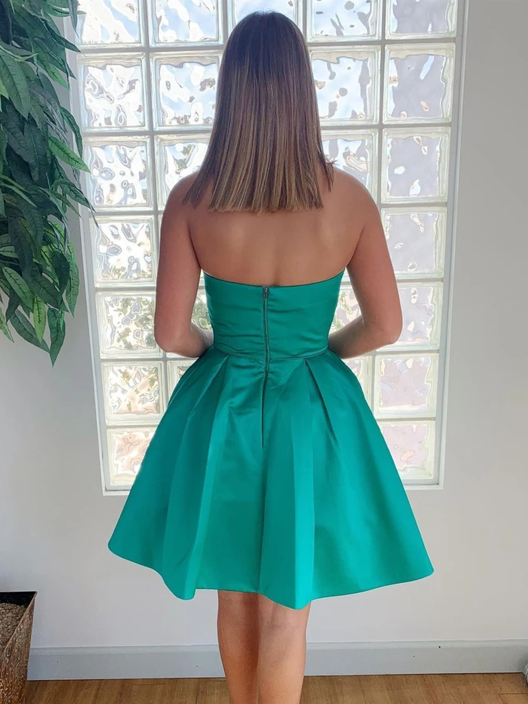 Strapless Open Back Green Short Prom Dresses with Pockets, Strapless O morievent Strapless Open Back Green Short Prom Dresses with Pockets, Strapless O morievent