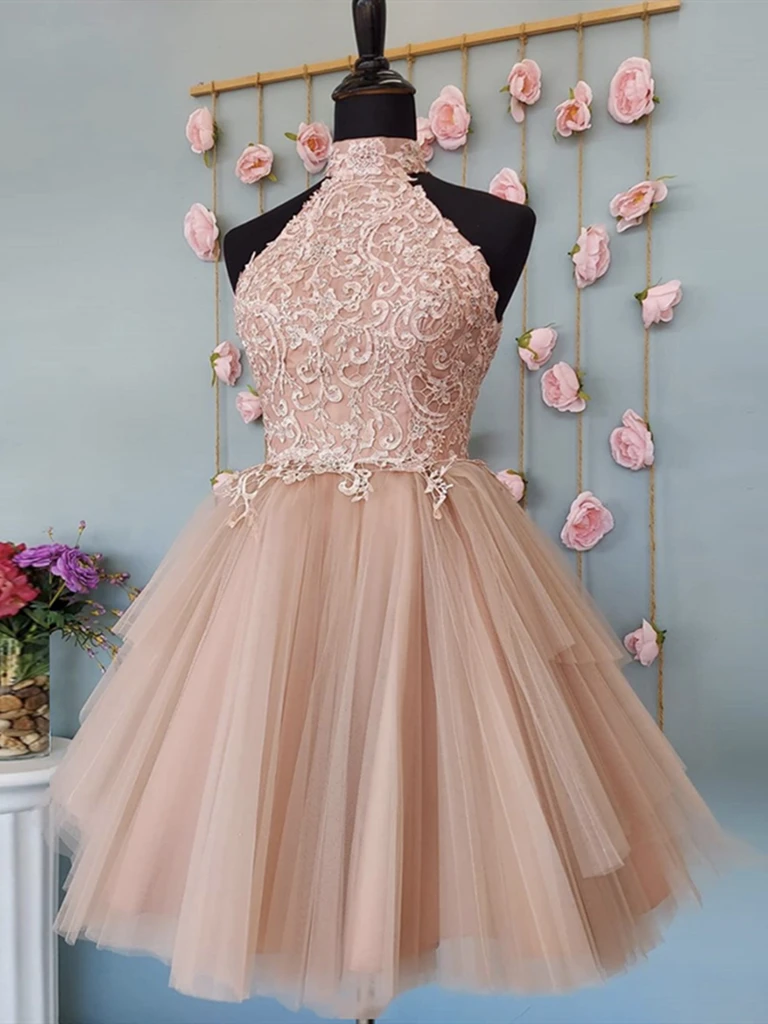 Open Back Halter Neck Pink Lace Short Prom Dresses, Halter Neck Short morievent Open Back Halter Neck Pink Lace Short Prom Dresses, Halter Neck Short morievent