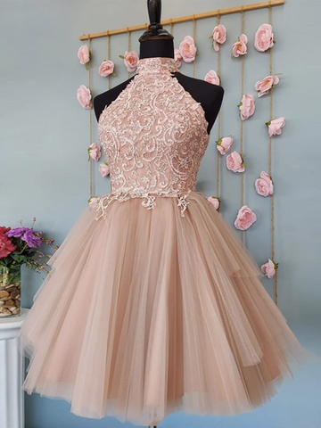 Open Back Halter Neck Pink Lace Short Prom Dresses, Halter Neck Short Pink Lace Formal Homecoming Dresses
