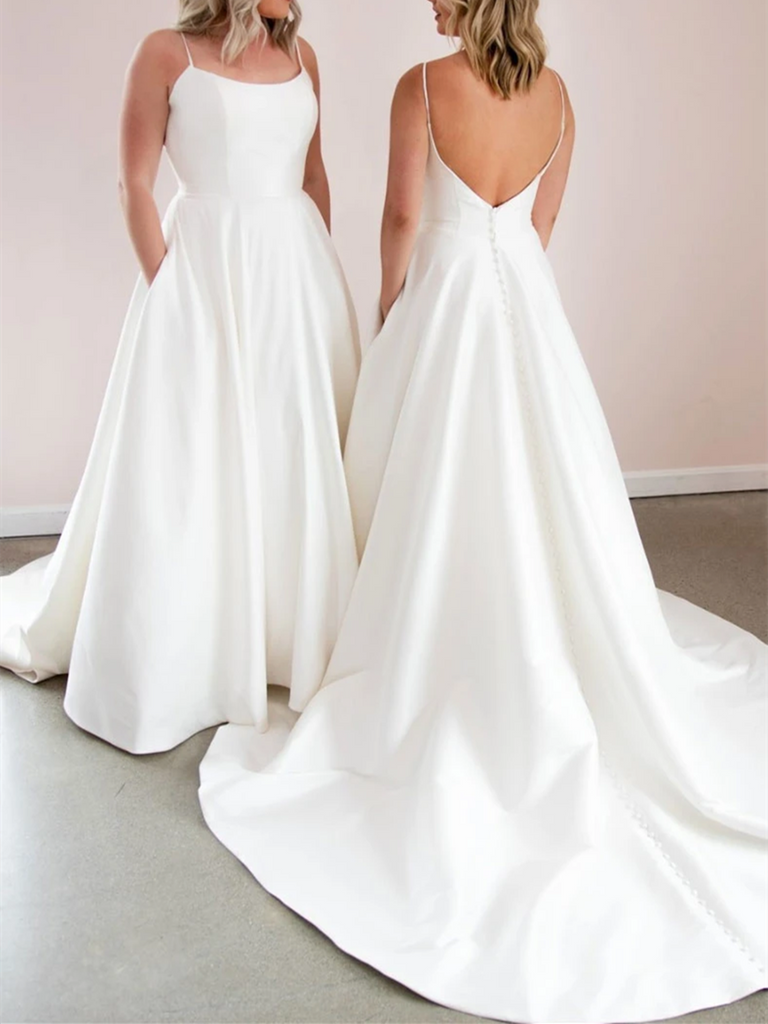 Simple White Satin Long Prom Dresses, White Backless Satin Long Formal Evening Dresses