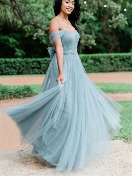 A Line Simple Pleated Off Shoulder Long Tulle Bridesmaid Dresses, Off The Shoulder Long Formal Evening Dresses, Long Tulle Prom Dresses