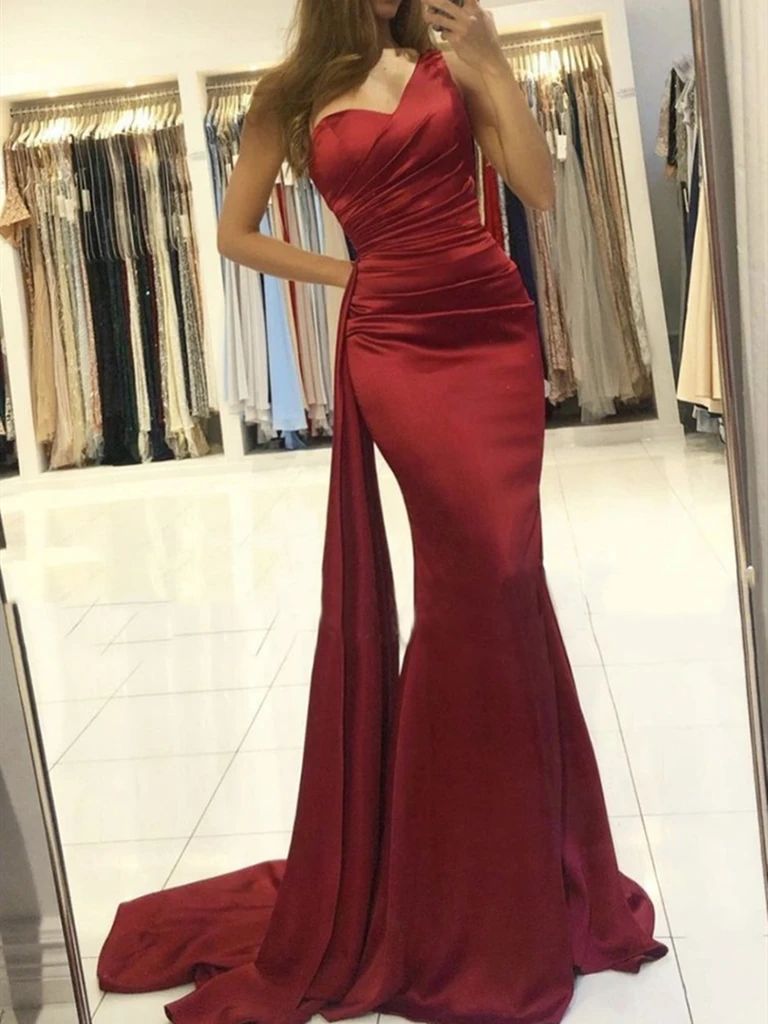 Mermaid One Shoulder Burgundy Satin Long Prom Dresses, One Shoulder Wine Red Mermaid  Long Formal Evening Dresses