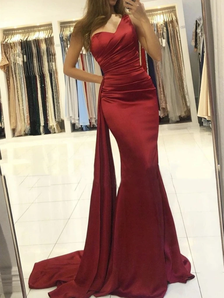 Mermaid One Shoulder Burgundy Satin Long Prom Dresses, One Shoulder Wi morievent Mermaid One Shoulder Burgundy Satin Long Prom Dresses, One Shoulder Wi morievent