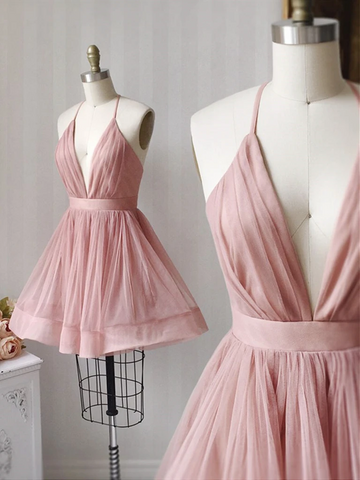 A Line V Neck  Pink Tulle Short Prom Dresses, Short Pink Tulle Formal Evening Homecoming Dresses