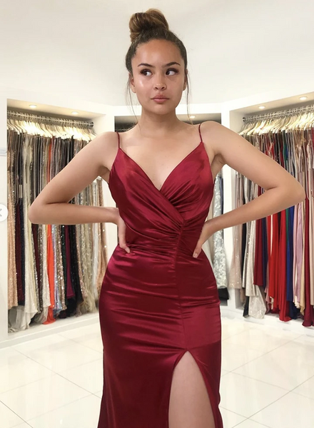 V Neck Burgundy Mermaid Long Prom Dresses With Leg Slit, Burgundy Mermaid Long Formal Evening Dresses