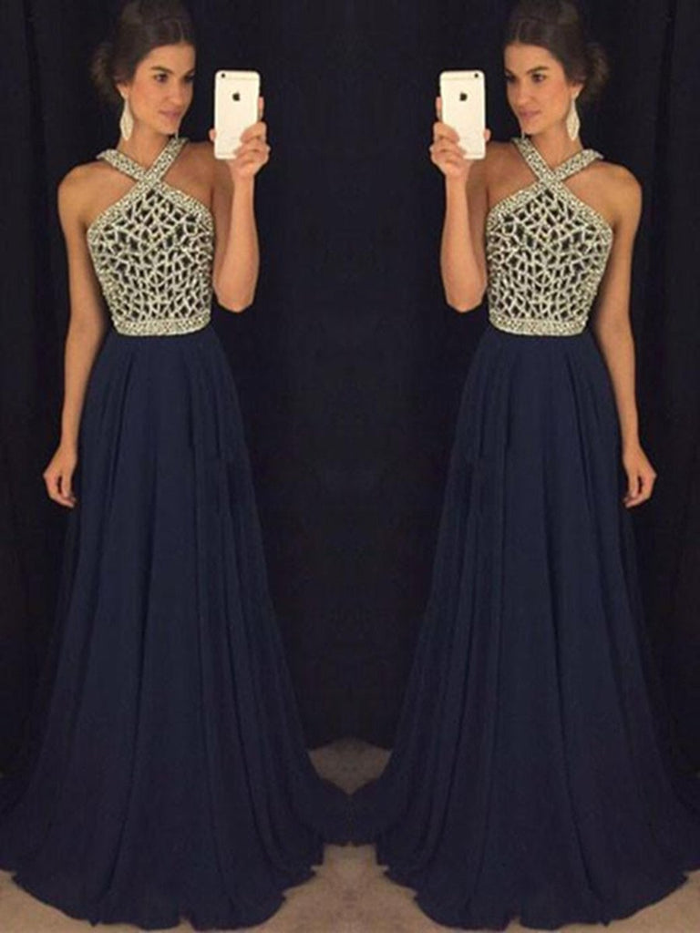 Elegant Halter Neck Dark Blue Long Prom Dress, Royal Blue Formal Dress, Graduation Dress Elegant Halter Neck Dark Blue Long Prom Dress, Royal Blue Formal Dress, Graduation Dress