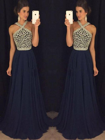 Floor Length Halter Neck Royal Blue Prom Dress, Dark Blue Formal Dress, Graduation Dress