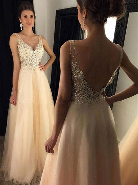 A-line V-neck Tulle Appliques Lace Floor-length Backless Prom Dresses, Backless Formal Dress