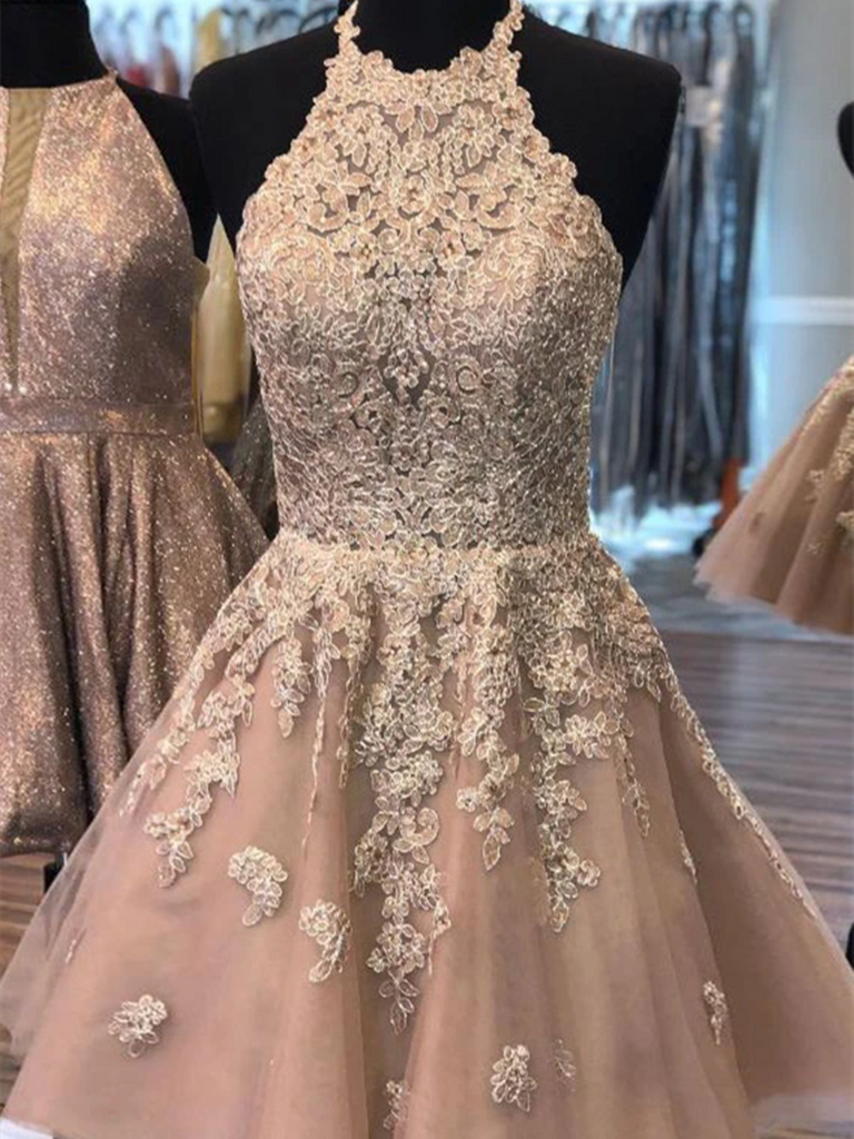 Halter Neck Champagne Lace Short Prom Dresses, Short Lace Champagne Formal Evening Homecoming Dresses Dresses