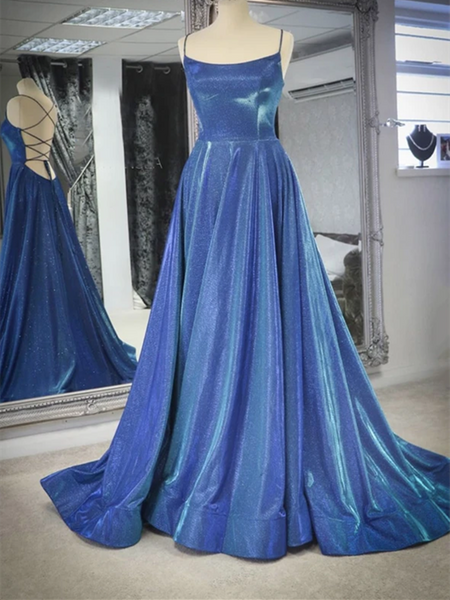 Simple A Line Blue Backless Long Prom Dresses, Open Back Blue Long Formal Evening Dresses