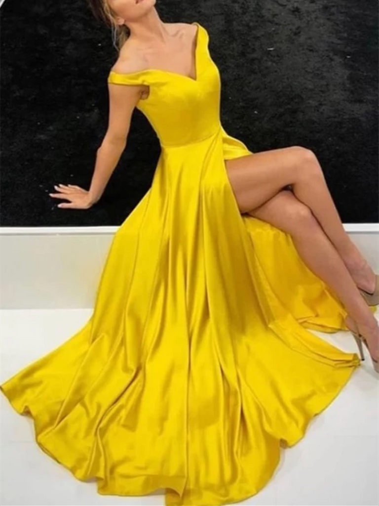 Yellow Off The Shoulder Satin Long Prom Dresses With Leg Slit, Long Satin Off Shoulder Yellow Formal Evening Dresses
