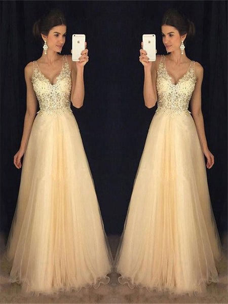 A-line V-neck Tulle Appliques Lace Floor-length Backless Prom Dresses, Backless Formal Dress