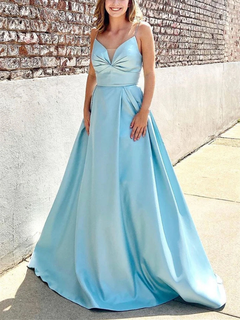 Simple Blue V Neck Satin Long Prom Dress, Blue V Neck Satin Long Formal Evening Dress