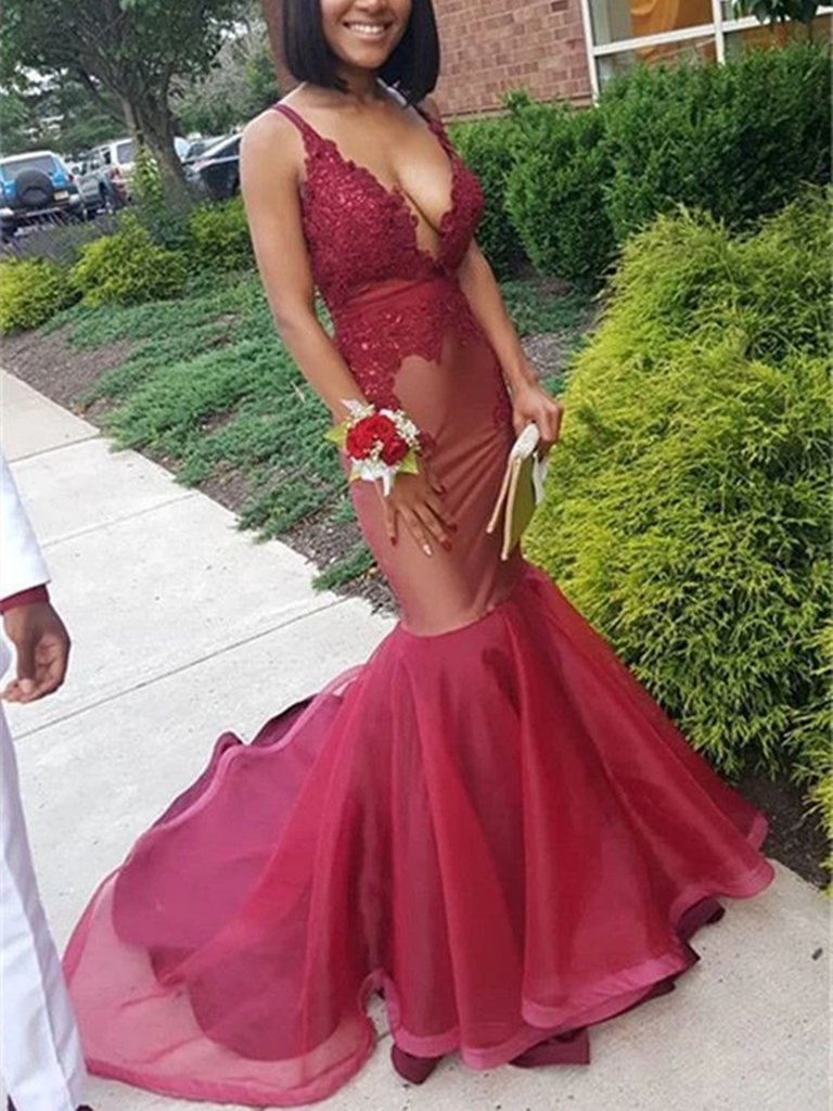 Deep V Neck Elegant Burgundy Mermaid Lace Sleeveless Prom Dresses, Sle morievent Deep V Neck Elegant Burgundy Mermaid Lace Sleeveless Prom Dresses, Sle morievent