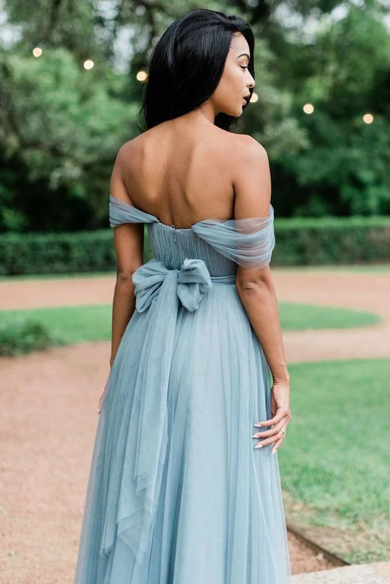 A Line Simple Pleated Off Shoulder Long Tulle Bridesmaid Dresses, Off morievent A Line Simple Pleated Off Shoulder Long Tulle Bridesmaid Dresses, Off morievent