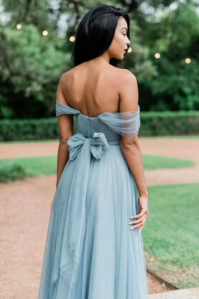 A Line Simple Pleated Off Shoulder Long Tulle Bridesmaid Dresses, Off The Shoulder Long Formal Evening Dresses, Long Tulle Prom Dresses