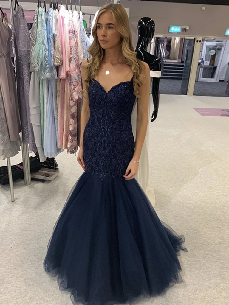 V Neck Navy Blue Mermaid Lace Prom Dresses, Lace Mermaid Long Dark Nav morievent V Neck Navy Blue Mermaid Lace Prom Dresses, Lace Mermaid Long Dark Nav morievent