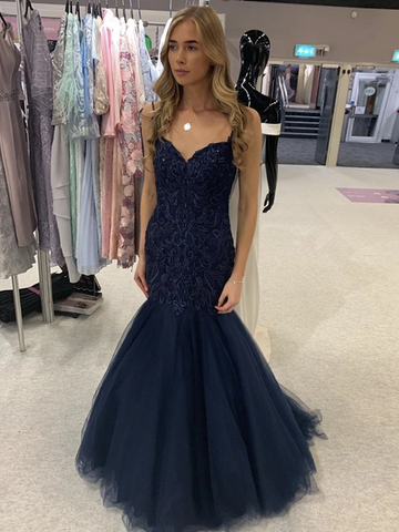 V Neck Navy Blue Mermaid Lace Prom Dresses, Lace Mermaid Long Dark Navy Blue Formal Evening Dresses