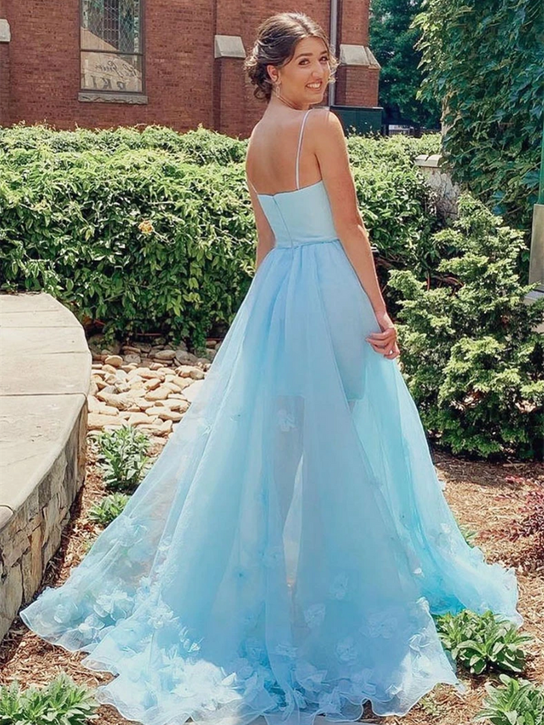 Blue Tulle High Low Floral Long Prom Dresses, Blue Tulle High Low Flor morievent Blue Tulle High Low Floral Long Prom Dresses, Blue Tulle High Low Flor morievent