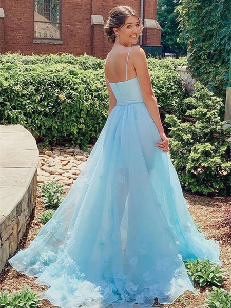 Blue Tulle High Low Floral Long Prom Dresses, Blue Tulle High Low Floral Formal Evening Graduation Dresses