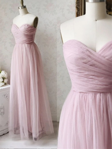 A Line Pink Long Tulle Prom Dresses, Strapless Pink Tulle Formal Evening Dresses