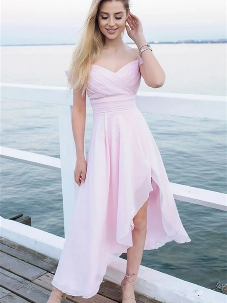 High Low Pink Off Shoulder Chiffon Prom Dresses, High Low Pink Formal Graduation Homecoming Dresses