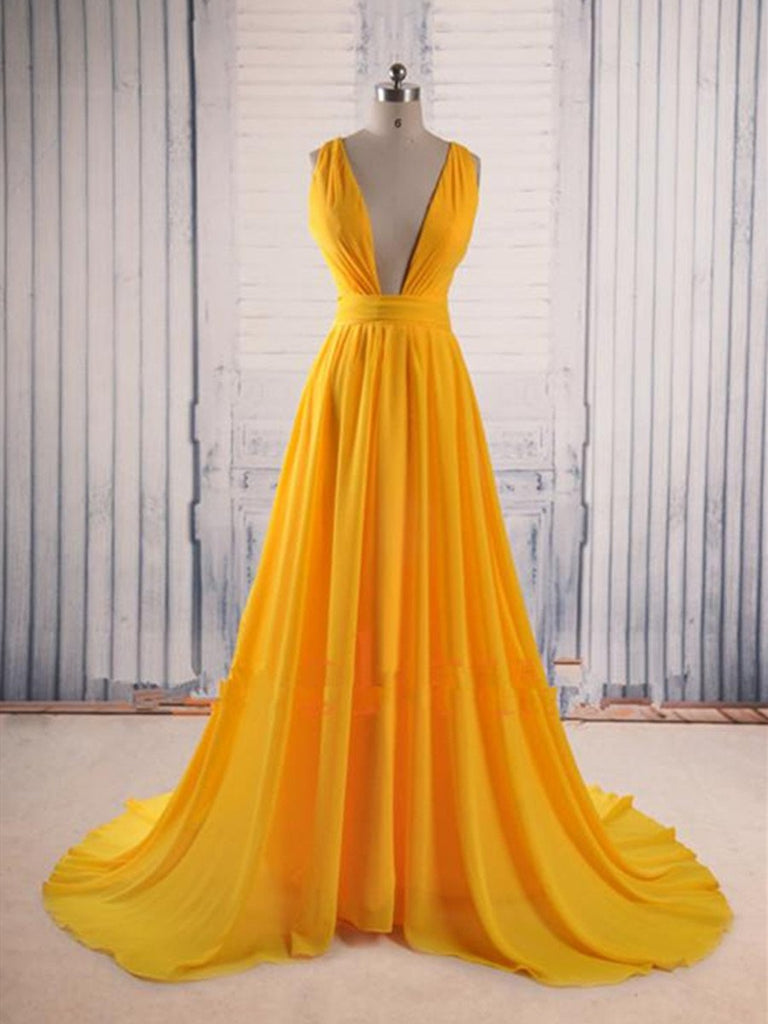 A Line V Neck Yellow Sweep Train Prom Dress, Sweep Train Party Dress, – morievent