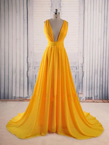 Unique V Neck Yellow Prom Dress with Sweep Train, Yellow Formal Dress, Party Dress