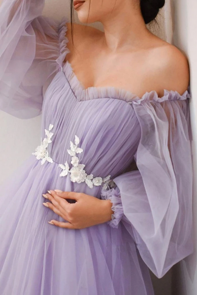 Purple Tulle Long Sleeves Prom Dresses, Purple Tulle Long Sleeves Formal Evening Dresses
