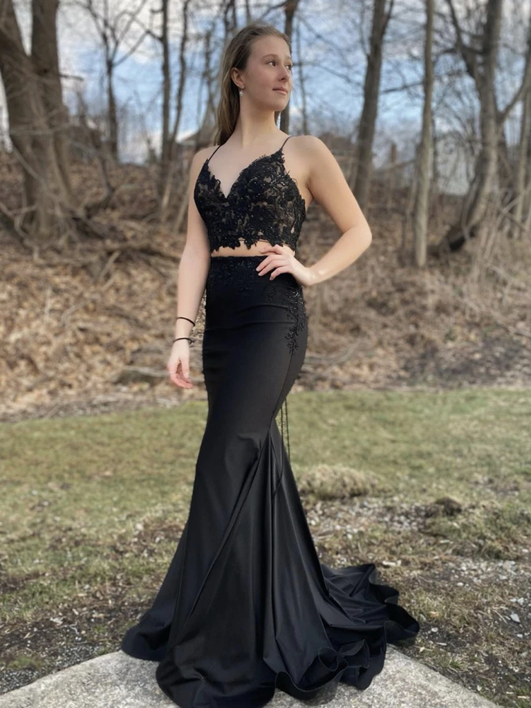 V Neck Two Pieces Mermaid Black Lace Long Prom Dresses, Mermaid Black 2 Pieces Lace Long Formal  Evening Dresses