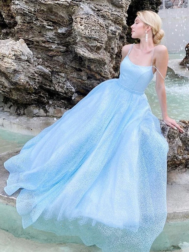 Backless Light Blue Shiny Long Prom Dresses with Thin Straps, Spaghett morievent Backless Light Blue Shiny Long Prom Dresses with Thin Straps, Spaghett morievent