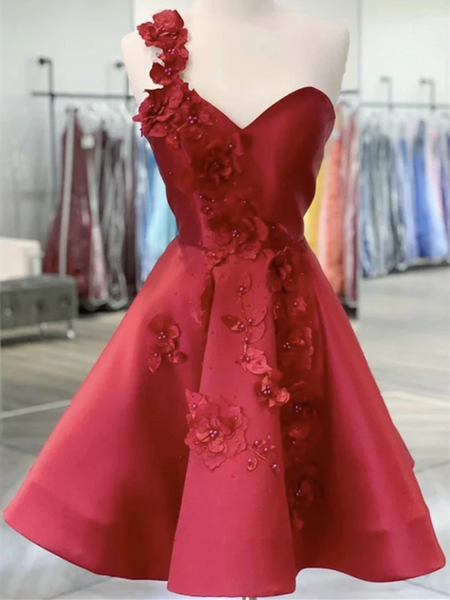 One Shoulder Red Satin Short Backless Prom Dresses, Red Short Applique Homecoming Dresses