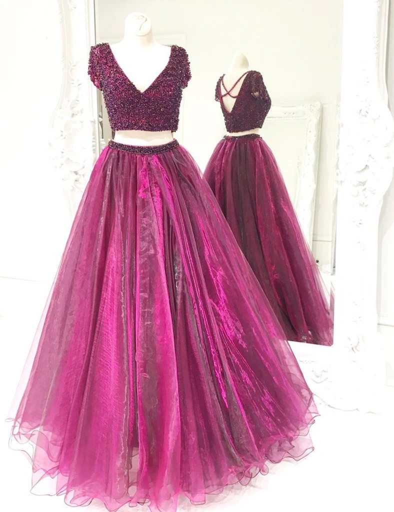 Grape Tulle Beaded Two Piece Prom Dresses, Grape 2 Pieces Long Formal morievent Grape Tulle Beaded Two Piece Prom Dresses, Grape 2 Pieces Long Formal morievent