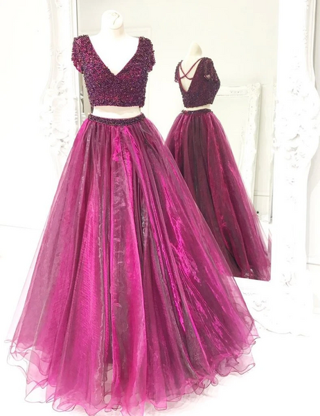 Grape Tulle Beaded Two Piece Prom Dresses, Grape 2 Pieces Long Formal Evening Dresses