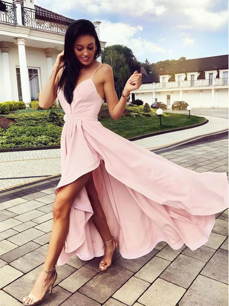 Cute V Neck Pink High Low Prom Dresses High Low Pink Formal Graduation Evening Dresses