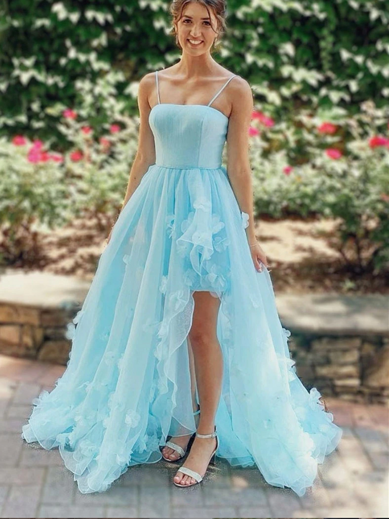 Blue Tulle High Low Floral Long Prom Dresses, Blue Tulle High Low Floral Formal Evening Graduation Dresses