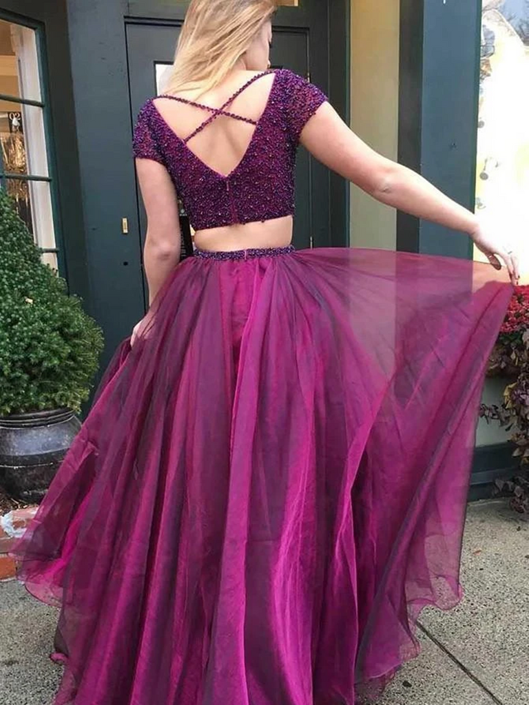 Grape Tulle Beaded Two Piece Prom Dresses Grape 2 Pieces Long Formal Evening Dresses