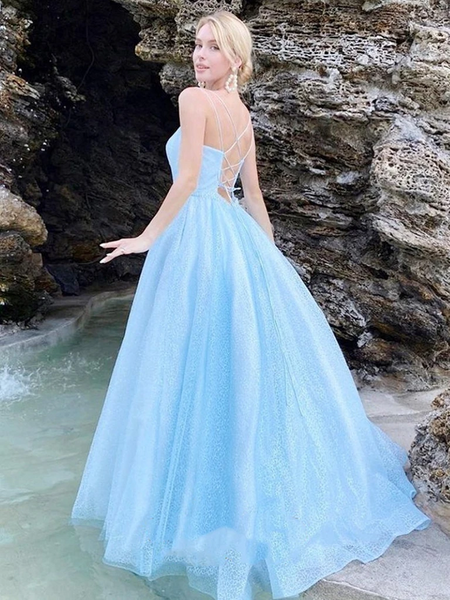 Backless Light Blue Shiny Long  Prom Dresses with Thin Straps, Spaghetti straps Open Back Light Blue Formal Evening Dresses