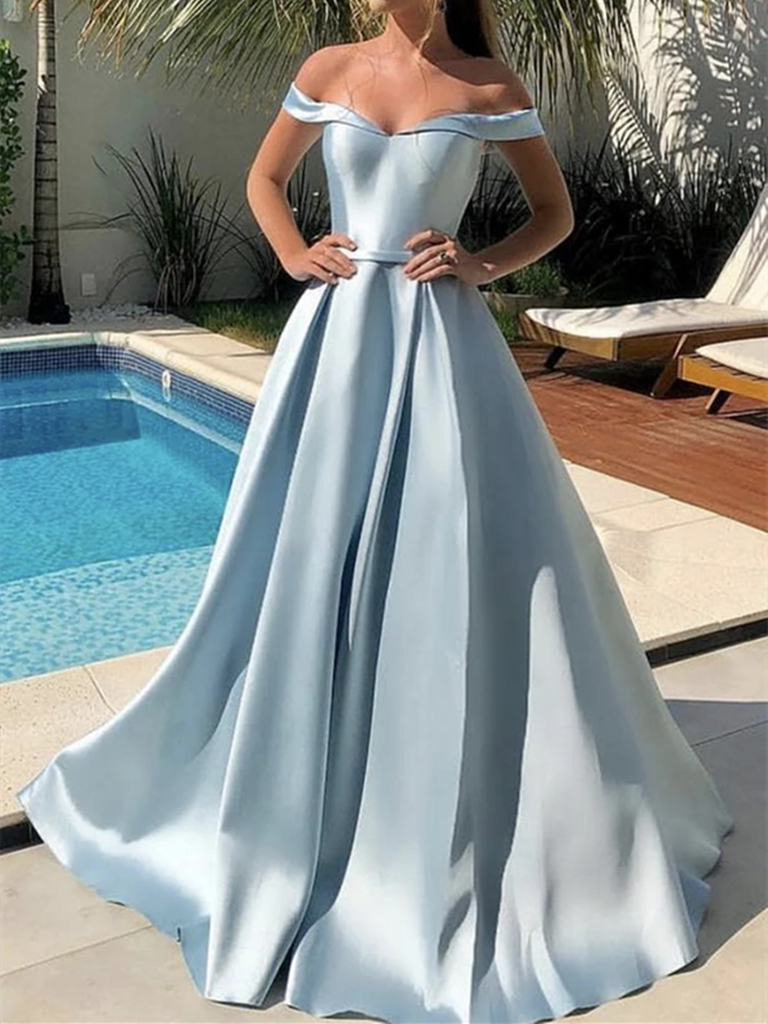 Simple Blue Satin Long Off The Shoulder Prom Dresses, Off Shoulder Blu morievent Simple Blue Satin Long Off The Shoulder Prom Dresses, Off Shoulder Blu morievent