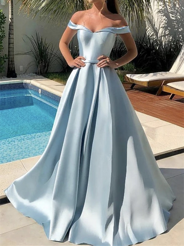Simple Blue Satin Long Off The Shoulder Prom Dresses, Off Shoulder Blue Long Formal Evening Dresses