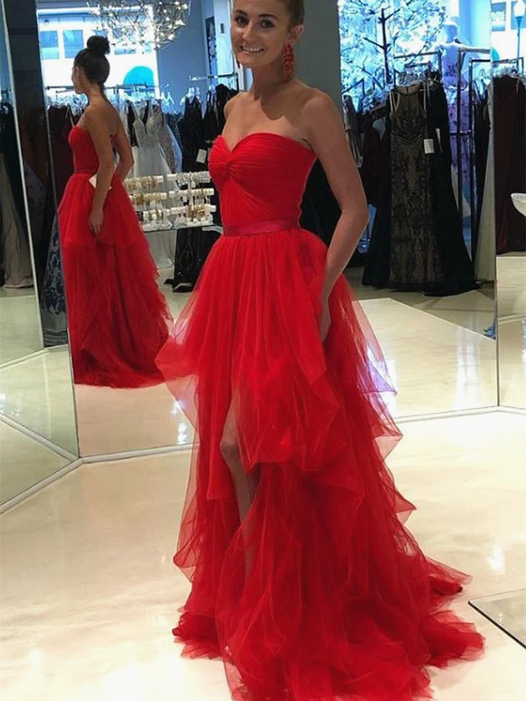 A Line Sweetheart Neck Red Tulle Long Prom Dresses, Sweetheart Neck Red Tulle Long Formal Evening Dresses