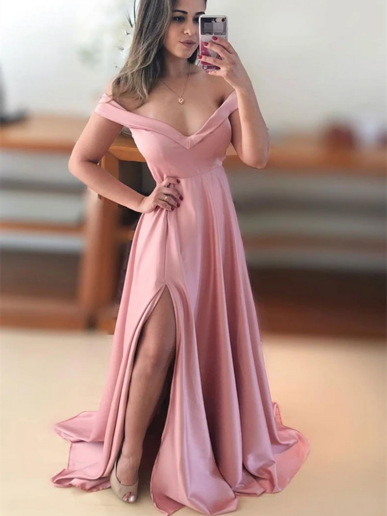 Simple Off Shoulder Satin Pink Long Prom Dresses, Off The Shoulder Long Pink Formal Evening Bridesmaid Dresses