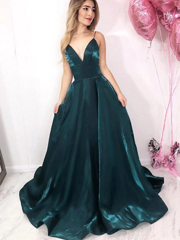 V Neck Green Spaghetti Straps Satin Long Prom Dresses Evening Party, Satin Long Green Formal Evening Dresses