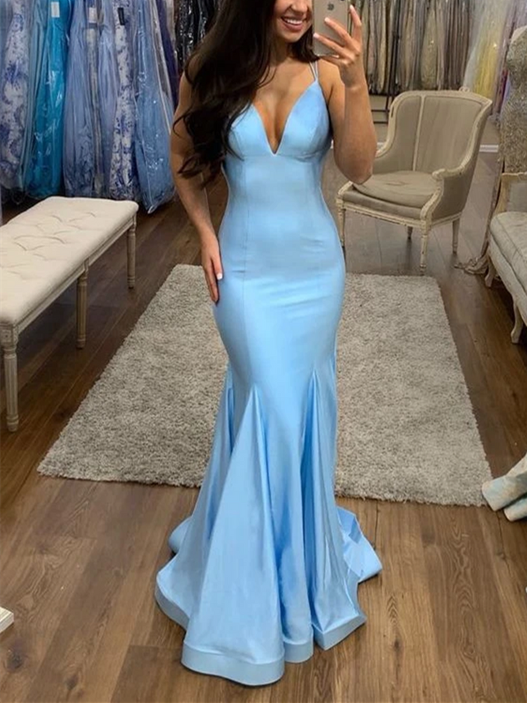 V Neck Blue Mermaid Long Satin Prom Dresses, Mermaid Blue Satin Long F morievent V Neck Blue Mermaid Long Satin Prom Dresses, Mermaid Blue Satin Long F morievent